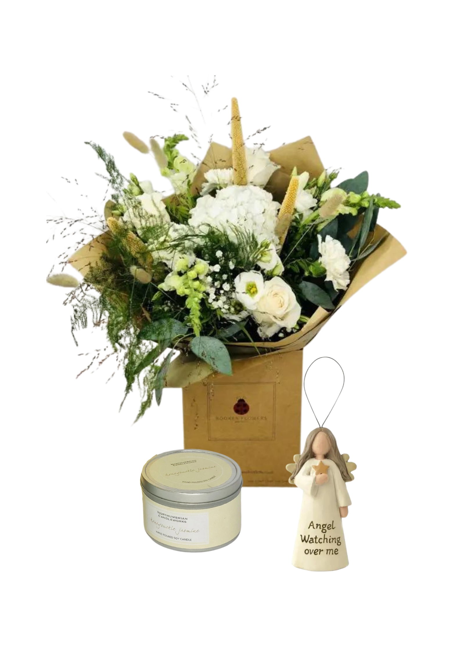 <h2>Beautiful Flowers with Hanging Guardian Angel and Scented Candle Set</h2>
<br>
<ul>
<li>Guardian Angel Gift Set with wooden hanging Guardian Angel</li>
<li>Approximate Dimensions of Bouquet: 50cm x 40cm</li>
<li>Flowers arranged by hand and gift wrapped in our signature eco-friendly packaging and finished off with a hidden wooden ladybird</li>
<li>To give you the best occasionally we may make substitutes</li>
<li>Our flowers backed by our 7 days freshness guarantee</li>
<li>For delivery area coverage see below</li>
</ul>
<br>
<h2>Flower Delivery Coverage</h2>
<p>Our shop delivers flowers to the following Liverpool postcodes L1 L2 L3 L4 L5 L6 L7 L8 L11 L12 L13 L14 L15 L16 L17 L18 L19 L24 L25 L26 L27 L36 L70 If your order is for an area outside of these we can organise delivery for you through our network of florists. We will ask them to make as close as possible to the image but because of the difference in stock and sundry items it may not be exact.</p>
<br>
<h2>Hand-tied Bouquet | Gift Set</h2>
<p>This Guardian Angel Gift Set contains a beautiful white bouquet which is hand-arranged by our professional florists together with an eco-friendly soy scented candle in White Gardenia which comes in a stylish tin. Together with a wooden hanging Guardian Angel by designer Gisela Graham.</p>
<br>
<p>Handtied bouquets are a lovely display of fresh flowers that have the wow factor. The advantage of having a bouquet made this way is that they are artfully arranged by our florists and tied so that they stay in the display.</p>
<br>
<p>They are then gift wrapped and aqua packed in a water bubble so that at no point are the flowers out of water. This means they look their very best on the day they arrive and continue to delight for days after.</p>
<br>
<p>Being delivered in a transporter box and in water means the recipient does not need to put the flowers in a vase straight away they can just put them down and enjoy.</p>
<br>
<p>The large bouquet features 3 large white hydrangeas, 4 white large-headed roses, 1 white Oriental lily and 3 white alstroemeria together with mixed seasonal foliage.</p>
<br>
<h2>Eco-Friendly Liverpool Florists</h2>
<p>As florists we feel very close earth and want to protect it. Plastic waste is a huge problem in the florist industry so we made the decision to make our packaging eco-friendly.</p>
<p>To achieve this we worked with our packaging supplier to remove the lamination off our boxes and wrap the tops in an Eco Flowerwrap which means it easily compostable or can be fully recycled.</p>
<p>Once you have finished enjoying your flowers from us they will go back into growing more flowers! Only a small amount of plastic is used as a water bubble and this is biodegradable.</p>
<p>Even the sachet of flower food included with your bouquet is compostable.</p>
<p>All our bouquets have small wooden ladybird hidden amongst them so do not forget to spot the ladybird and post a picture on our social media pages to enter our rolling competition.</p>
<br>
<h2>Flowers Guaranteed for 7 Days</h2>
<p>Our 7-day freshness guarantee should give you confidence that we will only send out good quality flowers.</p>
<p>Leave it in our hands we will create a marvellous bouquet which will not only look good on arrival but will continue to delight as the flowers bloom.</p>
<br>
<h2>Liverpool Flower Delivery</h2>
<p>We are open 7 days a week and offer advanced booking flower delivery same-day flower delivery 3-hour flower delivery. Guaranteed AM PM or Evening Flower Delivery and also offer Sunday Flower Delivery.</p>
<p>Our florists deliver in Liverpool and can provide flowers for you in Liverpool Merseyside. And through our network of florists can organise flower deliveries for you nationwide.</p>
<br>
<h2>The Best Florist in Liverpool your local Liverpool Flower Shop</h2>
<p>Come to Booker Flowers and Gifts Liverpool for your beautiful flowers and plants. For that bit of extra luxury we also offer a lovely range of finishing touches such as wines champagne locally crafted Gin and Rum Vases Scented Candles and Chocolates that can be delivered with your flowers.</p>
<p>To see the full range see our extras section.</p>
<p>You can trust Booker Flowers and Gifts of delivery the very best for you.</p>
<p><br /><br /></p>
<p><em>5 Star review on Yell.com</em></p>
<br>
<p><em>Thank you Gemma for your fabulous service. The flowers are of the highest quality and delivered with a warm smile. My sister was delighted. Ordering was simple and the communications were top-notch. I will definitely use your services again.</em></p>